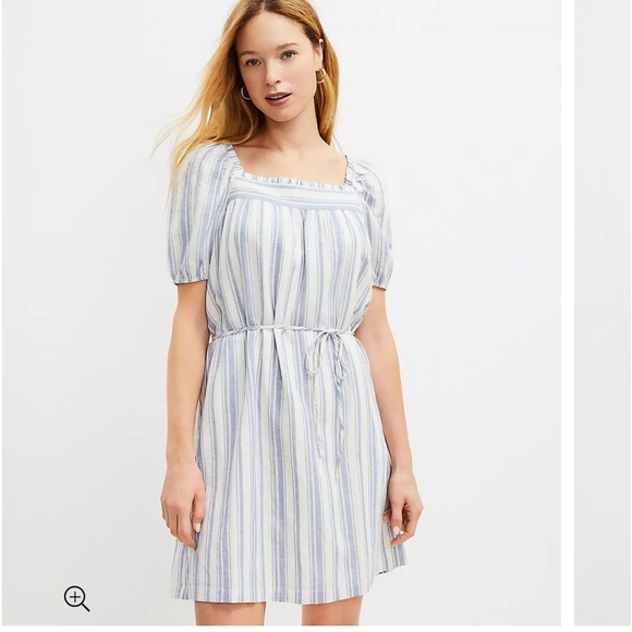 LOFT Linen Blend Striped Square Neck Shift Dress, Size XL - Picture 1 of 9